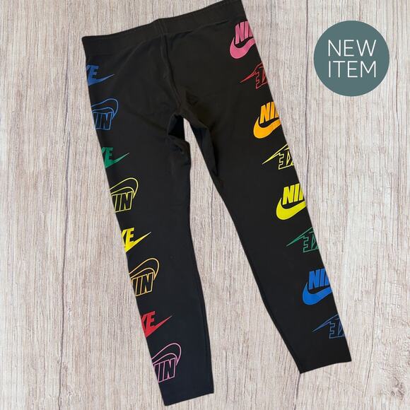 Nike Just Do It Leggings Women’s Large Black Rainbow Logo Athletic Pants W08 - Picture 3 of 3